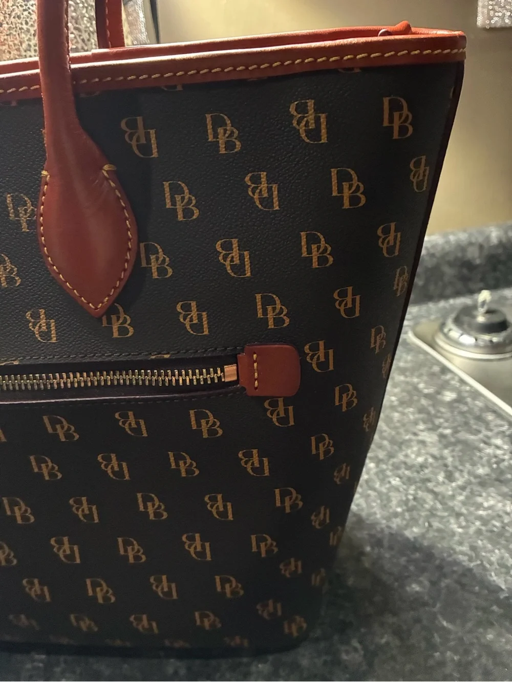 Dooney & Bourke Greta Dark Brown Logo Tote with Red Trim